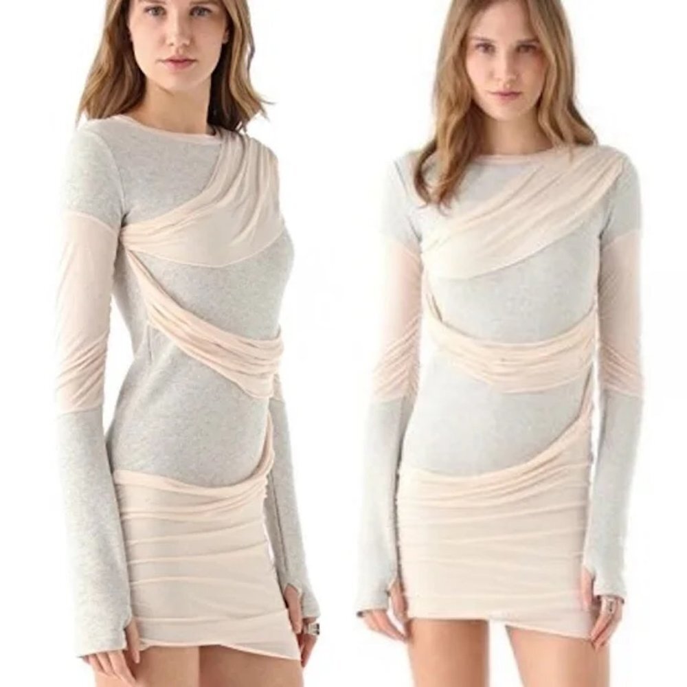 Pencey Standard Grey Pink Draped Long Sleeve Mini Dress Size L